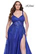 La Femme 31383 Lace-Embellished Ruched V-Neckline Plus Size Dress
