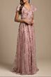 Lara 29966 Flutter Sleeves Beaded V-Neck Floral Dress