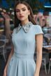 Mac Duggal 2313 Wing Collar Pleated A-Line Blue Dress