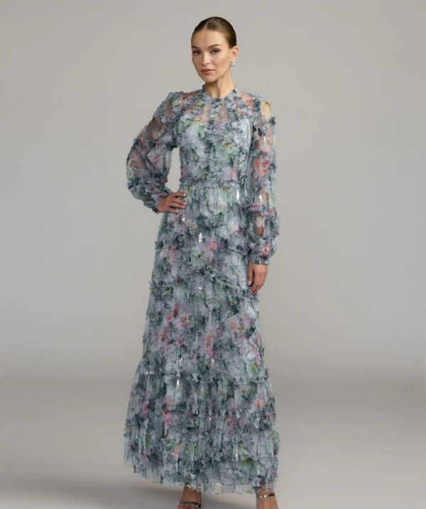 Mac Duggal 8098 Jewel Neckline Sheer Bishop Sleeves Dress