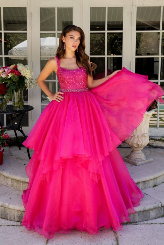 Ava Presley 29523 Scoop Neck Tiered Skirt Beaded Top Dress
