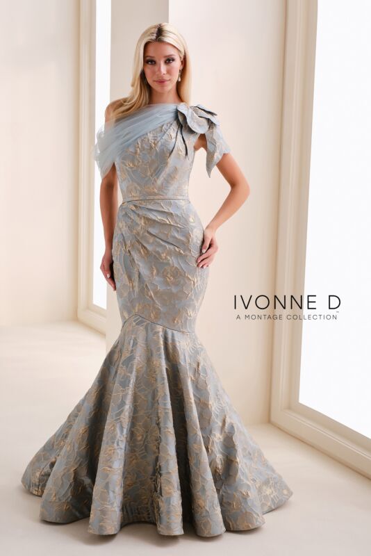 Ivonne D ID1201 Asymmetric Neck Draped Skirt Dress