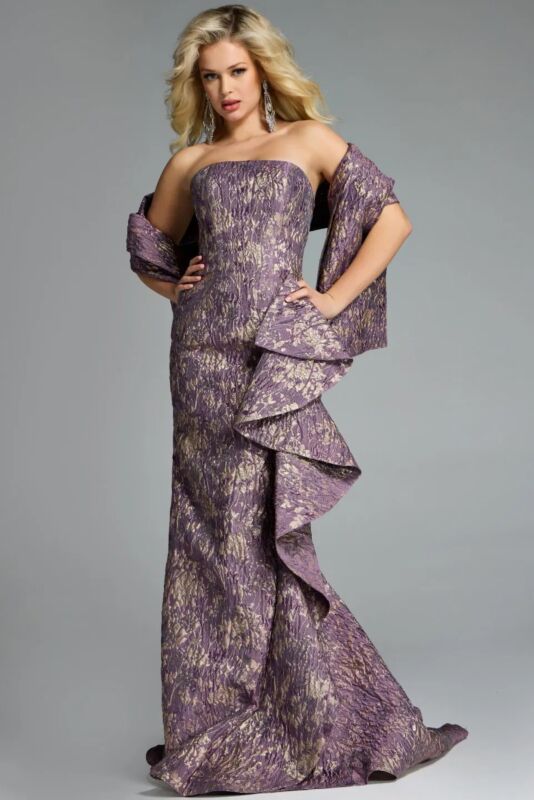 Jovani 41134 Ruffle Skirt Strapless Brocade Dress