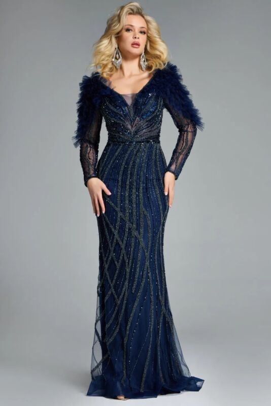 Jovani 42367 Ruffle Sleeve V-Neck Embellished Dress