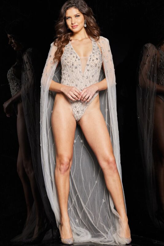 Jovani 23895 Beaded Bodysuit with Cape