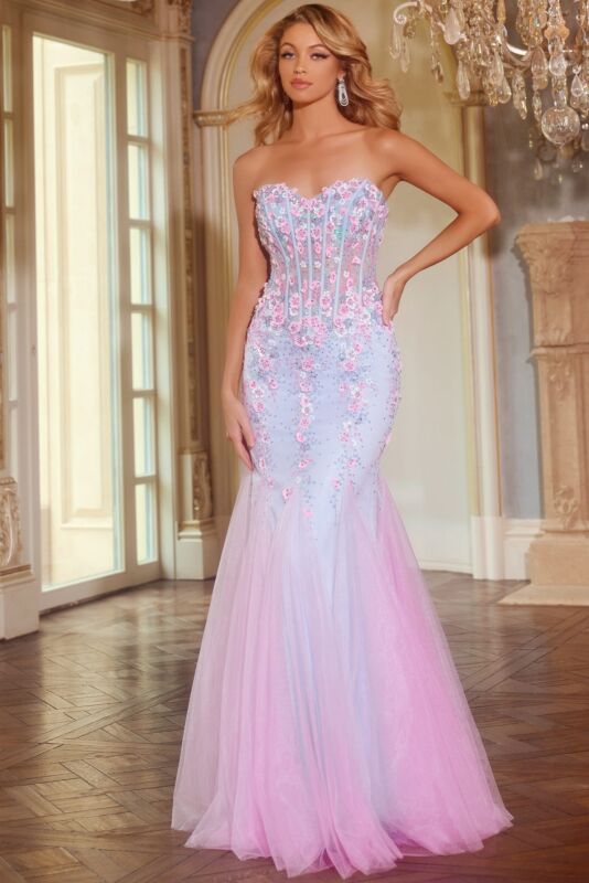 Jovani 44211 Floral Appliques Godet Skirt Dress