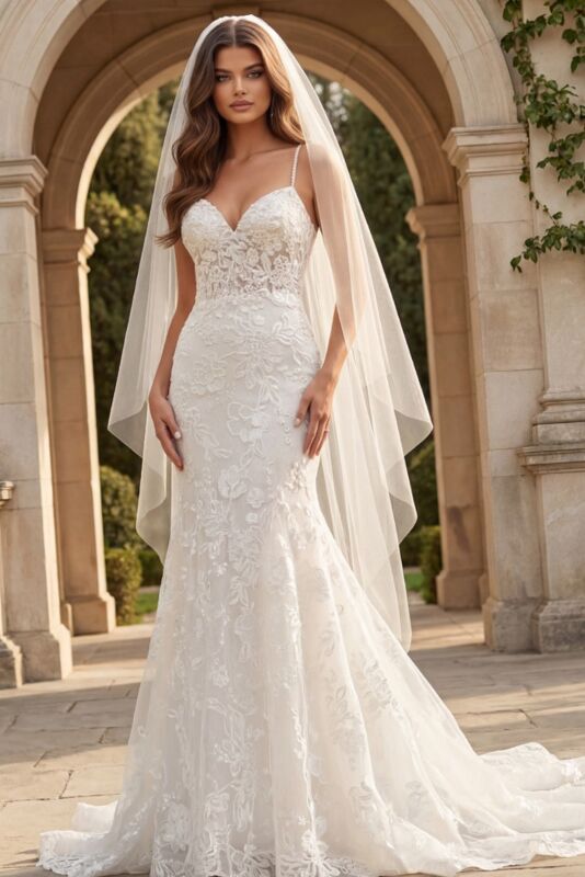 Jovani JB37538 Spaghetti Straps Embroidered Wedding Gown