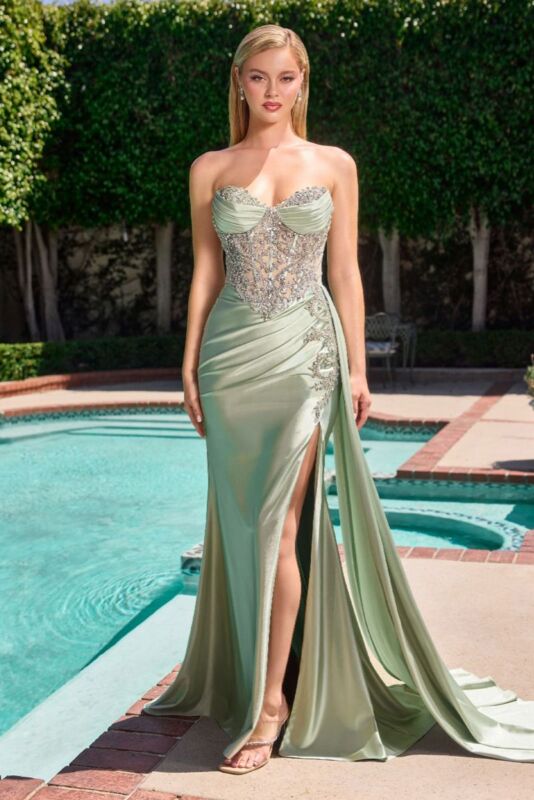 LaDivine KV1131 High Slit Strapless with Side Tail Dress