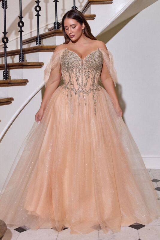 LaDivine CD721C Tulle Skirt Off The Shoulder Plus Size Dress
