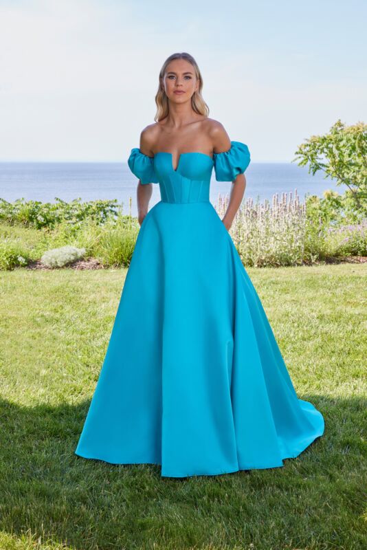 Mori Lee 49129 Detachable Sleeves Lace-Up Dress