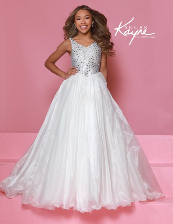 Johnathan Kayne C392 V-Neck Beaded Bodice Dress
