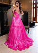 Rachel Allan 70748 Layered Skirt Plunging Neck Shimmer Dress