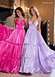 Rachel Allan 70748 Layered Skirt Plunging Neck Shimmer Dress