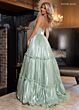 Rachel Allan 70748 Layered Skirt Plunging Neck Shimmer Dress