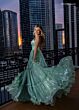 Rachel Allan 70748 Layered Skirt Plunging Neck Shimmer Dress