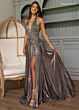 Rachel Allan 70793 Pleated Skirt Metallic Plunging Halter Dress