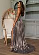 Rachel Allan 70793 Pleated Skirt Metallic Plunging Halter Dress