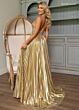 Rachel Allan 70793 Pleated Skirt Metallic Plunging Halter Dress
