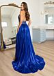 Rachel Allan 70793 Pleated Skirt Metallic Plunging Halter Dress