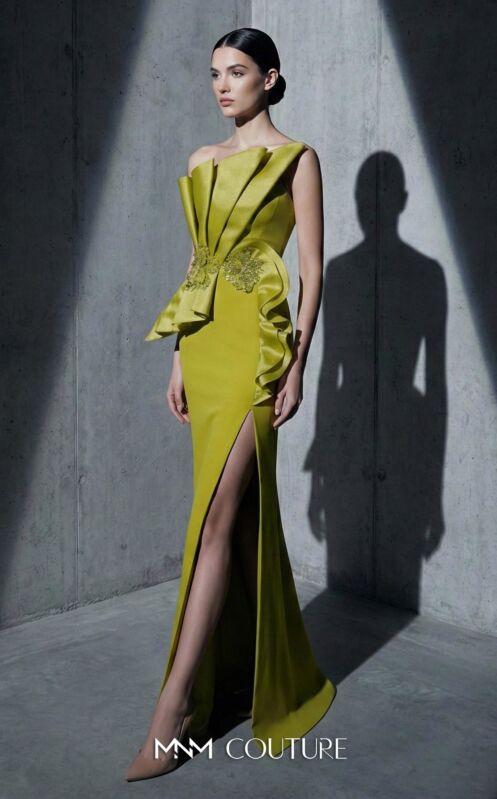 MNM Couture B1188 Pleated Asymmetric Neck Column Dress