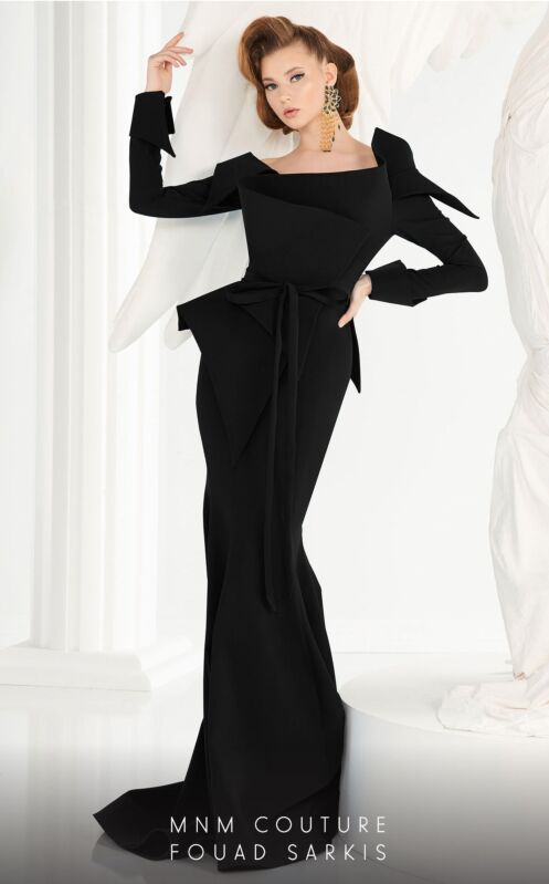 MNM Couture 2540 Pleated Top Long Sleeve Peplum Dress