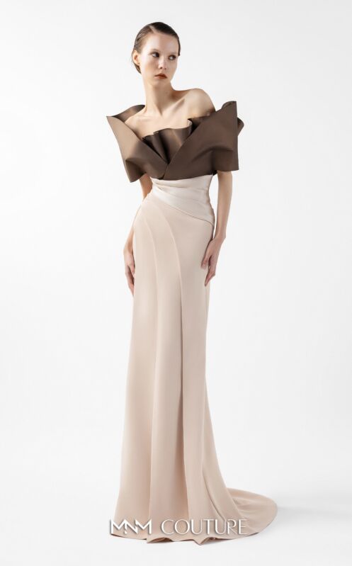 MNM Couture G2000 Crumbcatcher Neck Draped Bodice Gold Dress