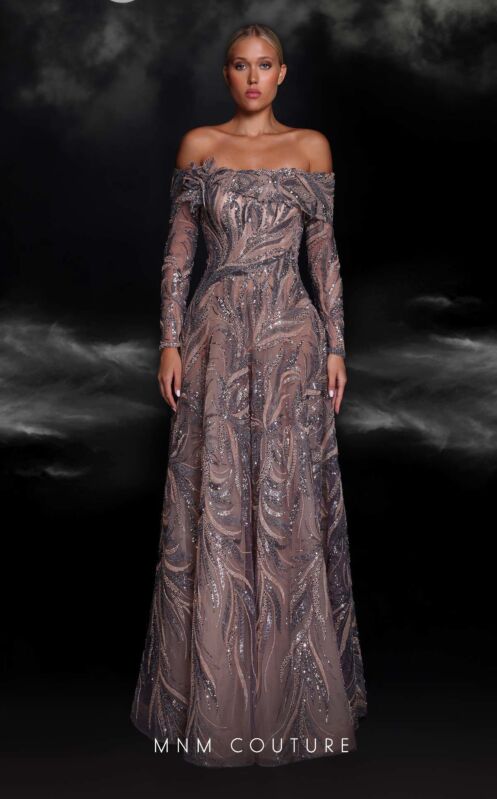 MNM Couture K4105 Long Sleeves Off The Shoulder Embellished Dress