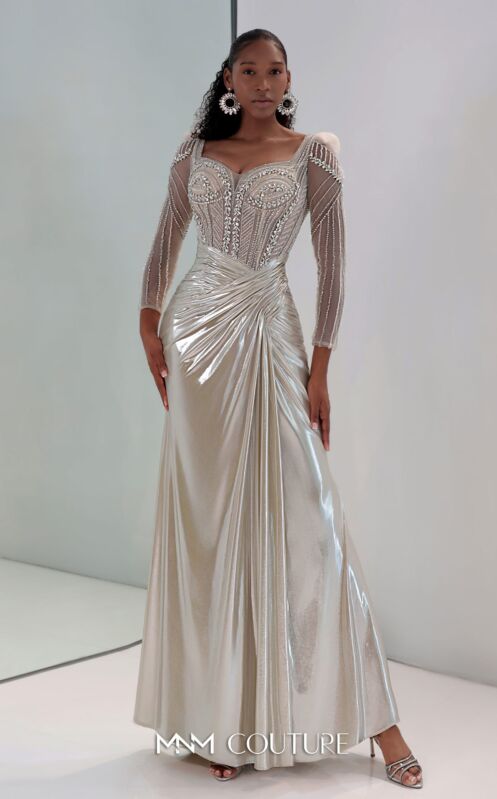 MNM Couture M1312 Draped Skirt Sweetheart Neck Gold Dress