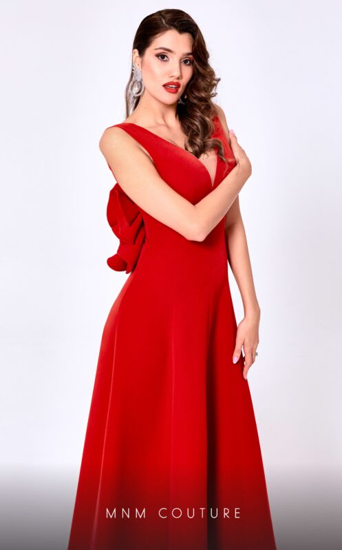 MNM Couture N0445 Ruffle Back Plunging Neck Dress