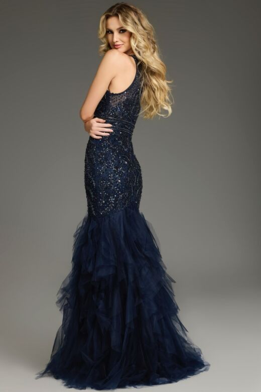 Jovani 25854 Ruffle Skirt Plunging Neck Dress