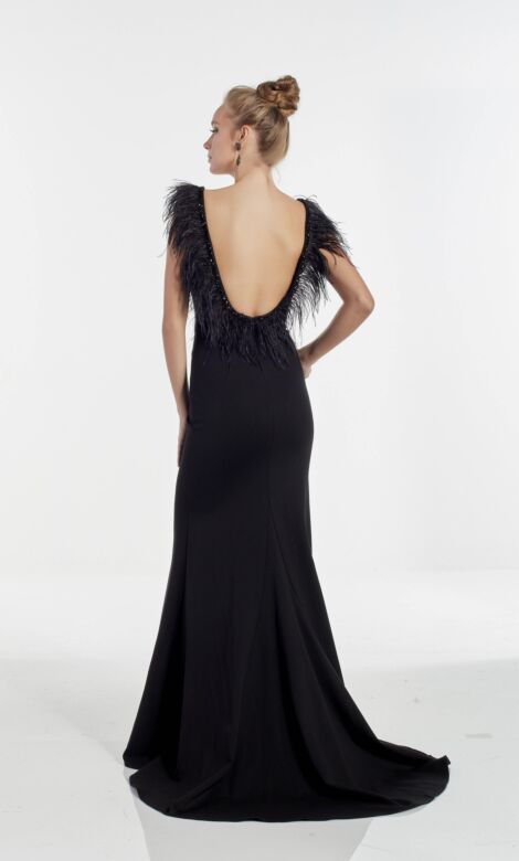 Alyce Paris 60905 Feather Neckline Open Back Dress