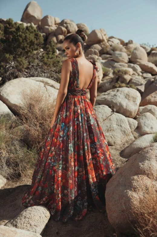 Mac Duggal 68947 Ruffle V-Neck Square Back Floral Evening Dress