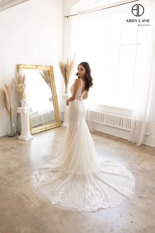 Abby Lane 97186 Illusion Train Embroidered Slim-Flare Wedding Gown