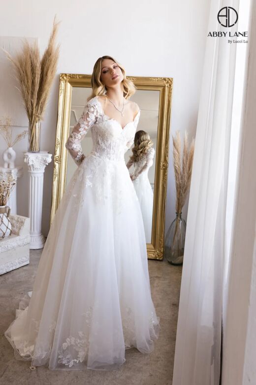 Abby Lane 97199 Illusion Long Sleeves A-line Tulle Wedding Dress