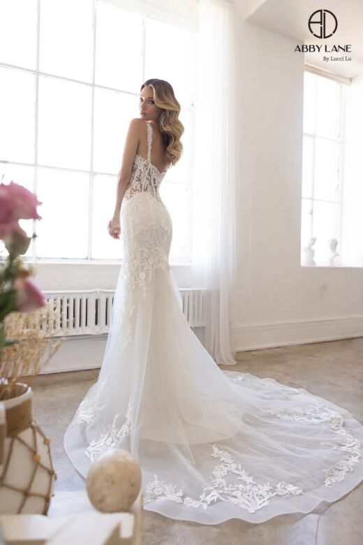 Abby Lane 97201 Plunging Neckline Semi-Trumpet Tulle Wedding Dress