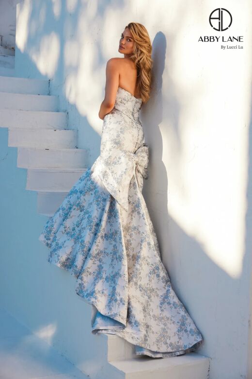 Abby Lane 97274 Bow Back Floral Brocade Blue Bridal Dress