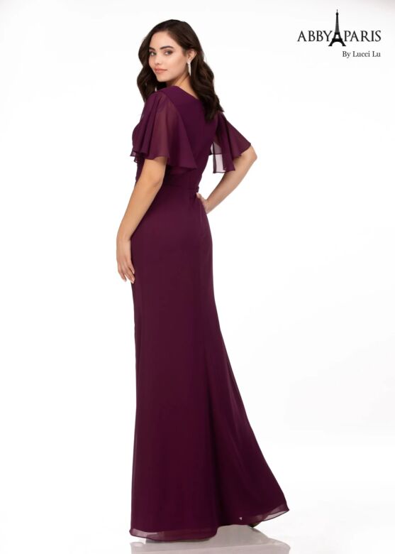 Abby Paris 96066 Flutter Sleeves Burgundy Chiffon Dress
