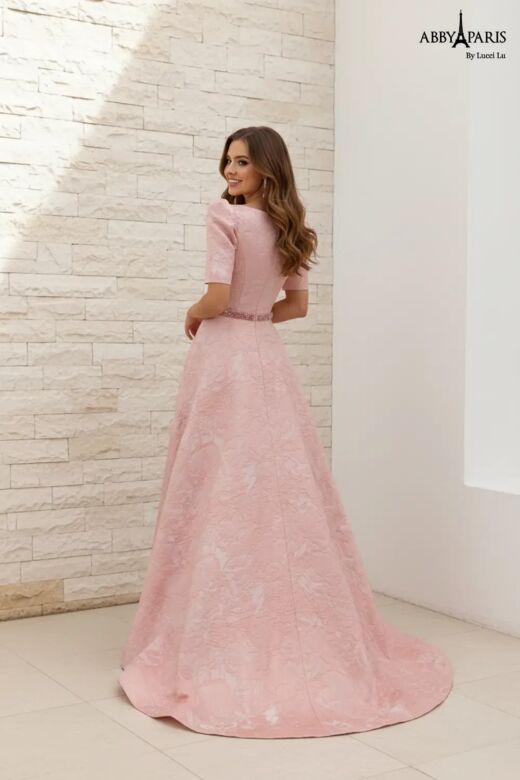 Abby Paris 96089 Bateau Neckline A-line Brocade Dress