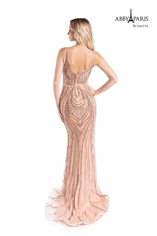 Abby Paris 90156 Plunging Neckline Fitted Rose Gold Dress