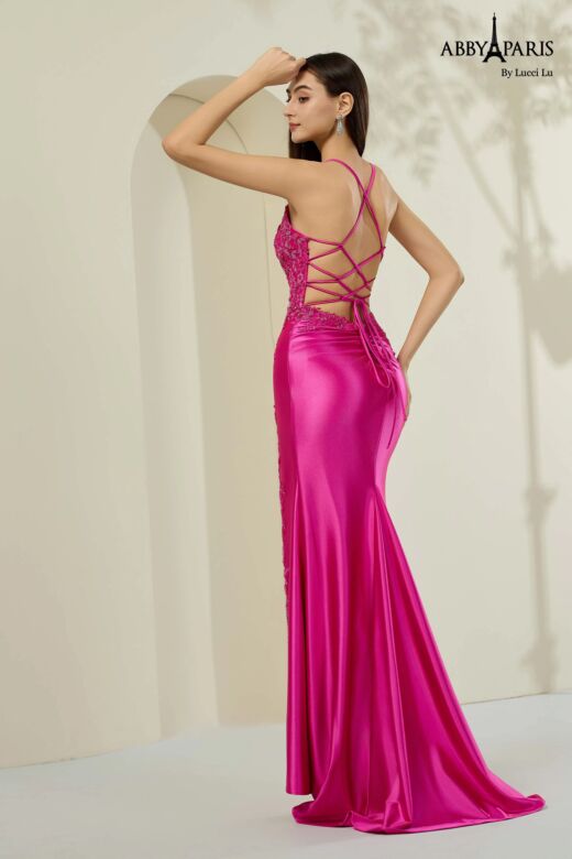 Abby Paris 90357 Scoop Neckline Fuchsia Satin Dress