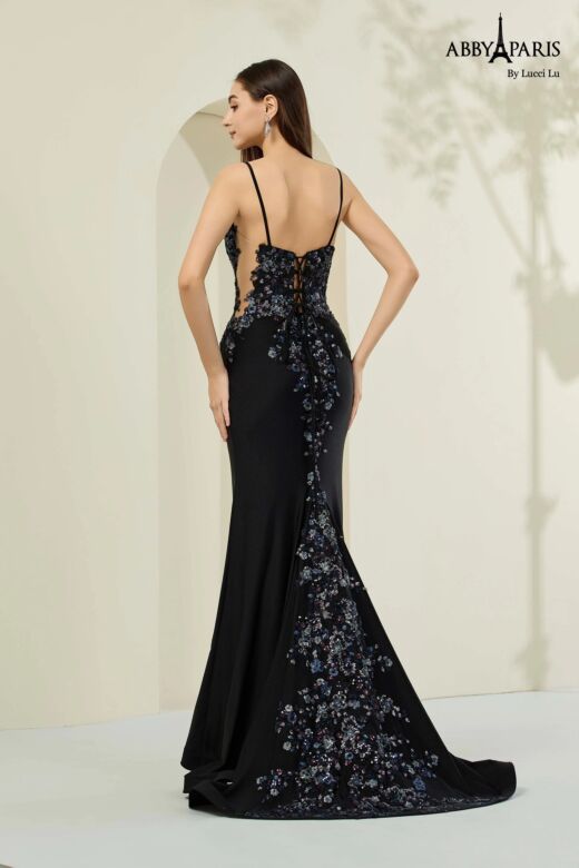 Abby Paris 90360 Floral Back Fitted Blue Black Dress