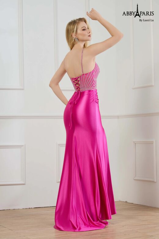 Abby Paris 90364 Beaded Bodice Fuchsia Satin Dress