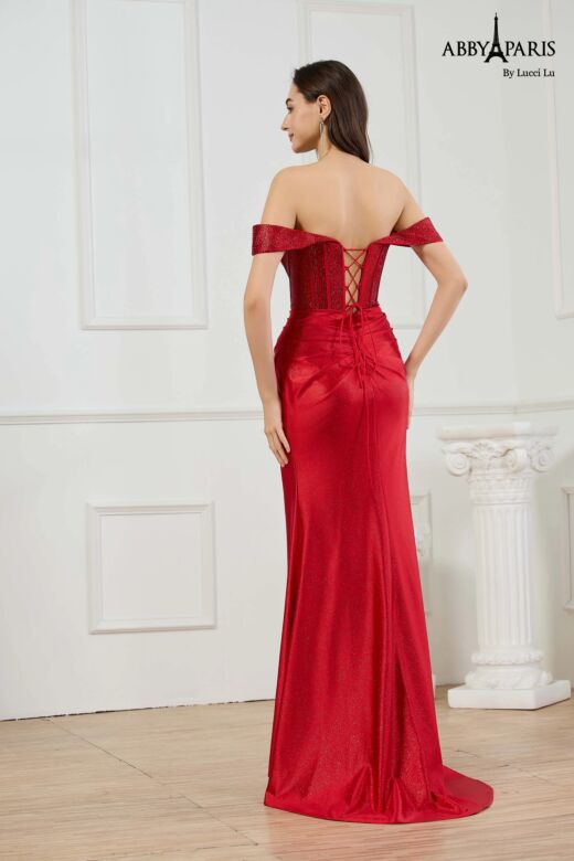 Abby Paris 90382 Off The Shoulder Red Glitter Knit Dress