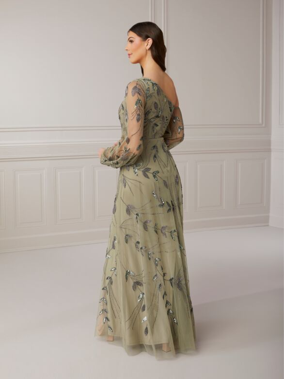 Adrianna Papell 40416 Bishop Sleeve Asymmetrical Neck Dress - Stock Only