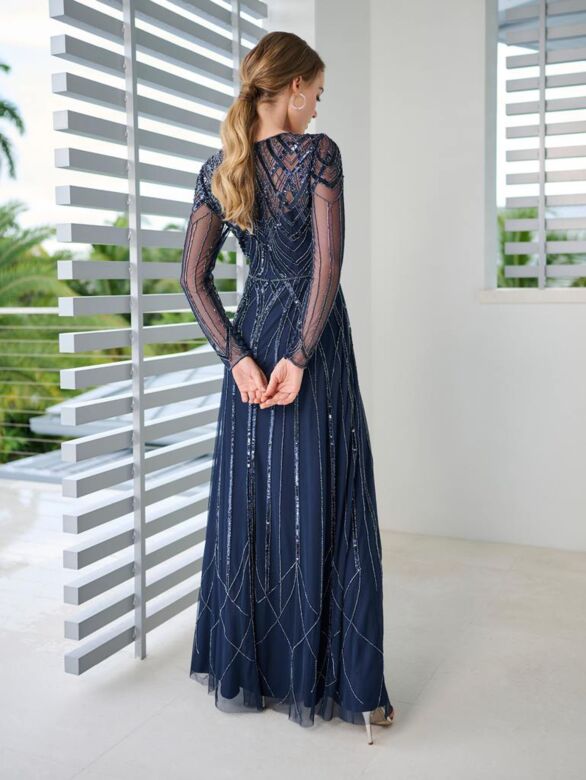 Adrianna Papell 40467 Beaded A-Line Long Sleeve Dress - Stock Only