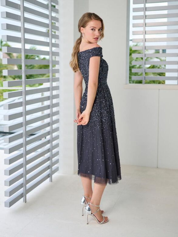Adrianna Papell 40471 Off The Shoulder Beaded A-Line Midi Dress