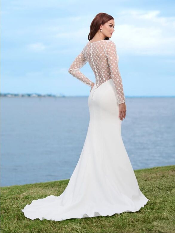 Adrianna Papell 45002 Illusion Sleeve Plunging V-Neck Wedding Dress