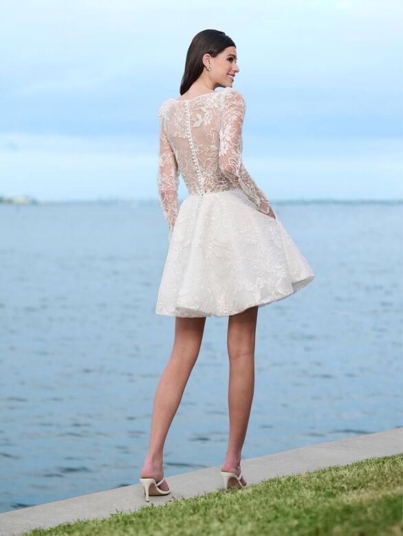 Adrianna Papell 45009 Sheer Sleeve Plunging Neck Short Bridal Dress