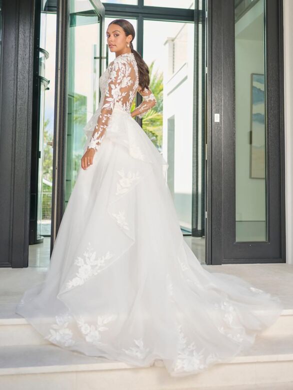 Adrianna Papell 31319 Removable Overskirt Sheer Neck Bridal Dress