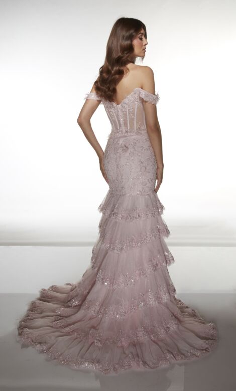 Alyce Paris 62021 Off-The-Shoulder Tiered Ruffle Skirt Dress